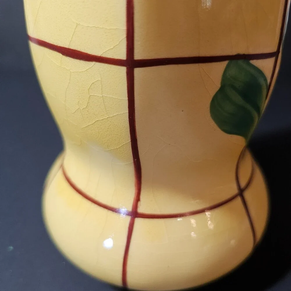 Vtg Handpainted Czech Pottery Vase, Yellow Orange Red Flower 8 x 4 in Art Deco